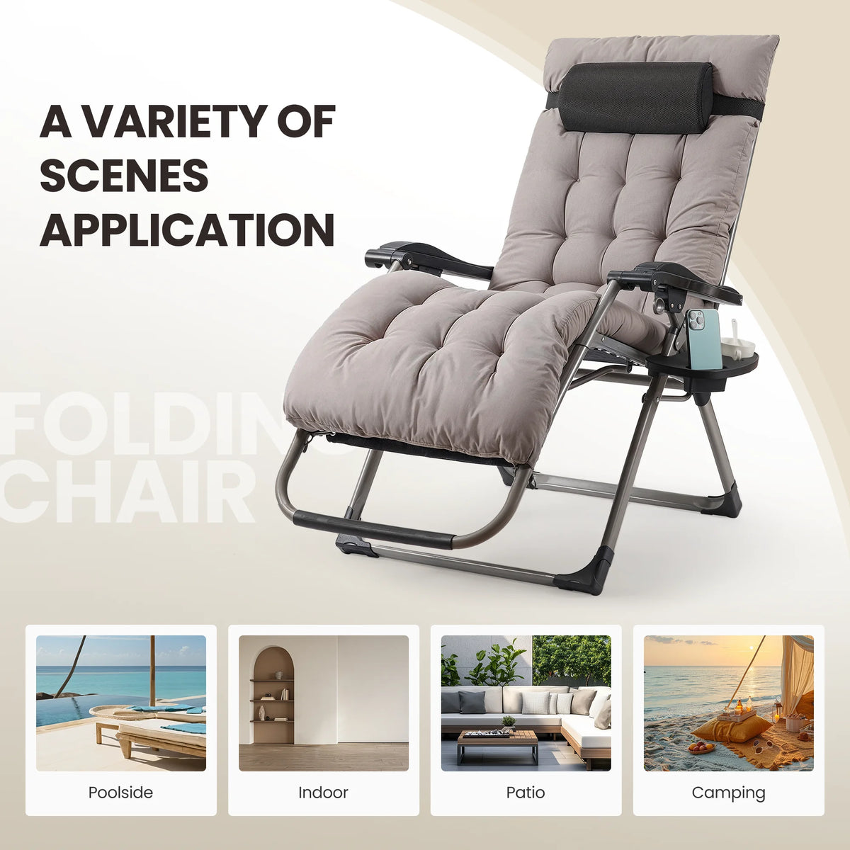 Naipo Zero Gravity Chair, Folding Adjustable Indoor Outdoor Foldable Padded Lounge Chair Reclining Lounge Chair with Removable Cushion, Headrest and Cup Holder, 353lbs