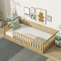Miniyam Wooden Twin Size Floor Bed with Safety Fence for Kids, Natural