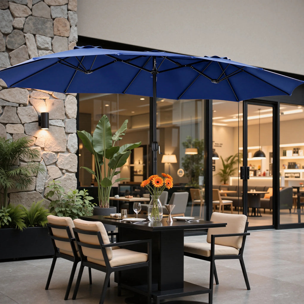 edx 15ft Patio Umbrellas (Base Included), Large Outdoor Double-Sided Rectangle Market Umbrella with Stand for Poolside, Lawn, and Backyard, Navy Blue