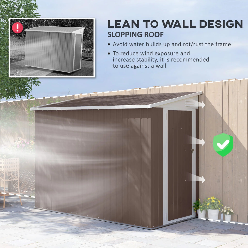 Outsunny 4' x 7.7' Steel Garden Storage Shed Lean to Shed Outdoor Metal Tool House with Lockable Door & Air Vents for Backyard Patio Lawn, Brown