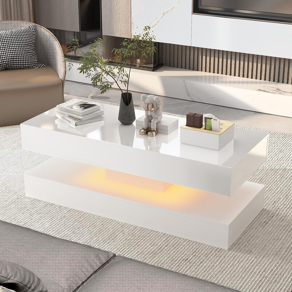 ChVans Large Black LED Coffee Table with 2 Storage Drawers, Modern High Gloss Coffee Table w/20 Colors LED Lights/APP Control, 2 Tiers Rectangle Large Living Room Furniture w/Marbling Print(47.3")