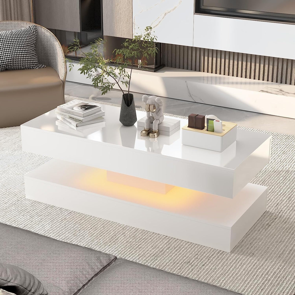 ChVans Large Black LED Coffee Table with 2 Storage Drawers, Modern High Gloss Coffee Table w/20 Colors LED Lights/APP Control, 2 Tiers Rectangle Large Living Room Furniture w/Marbling Print(47.3")