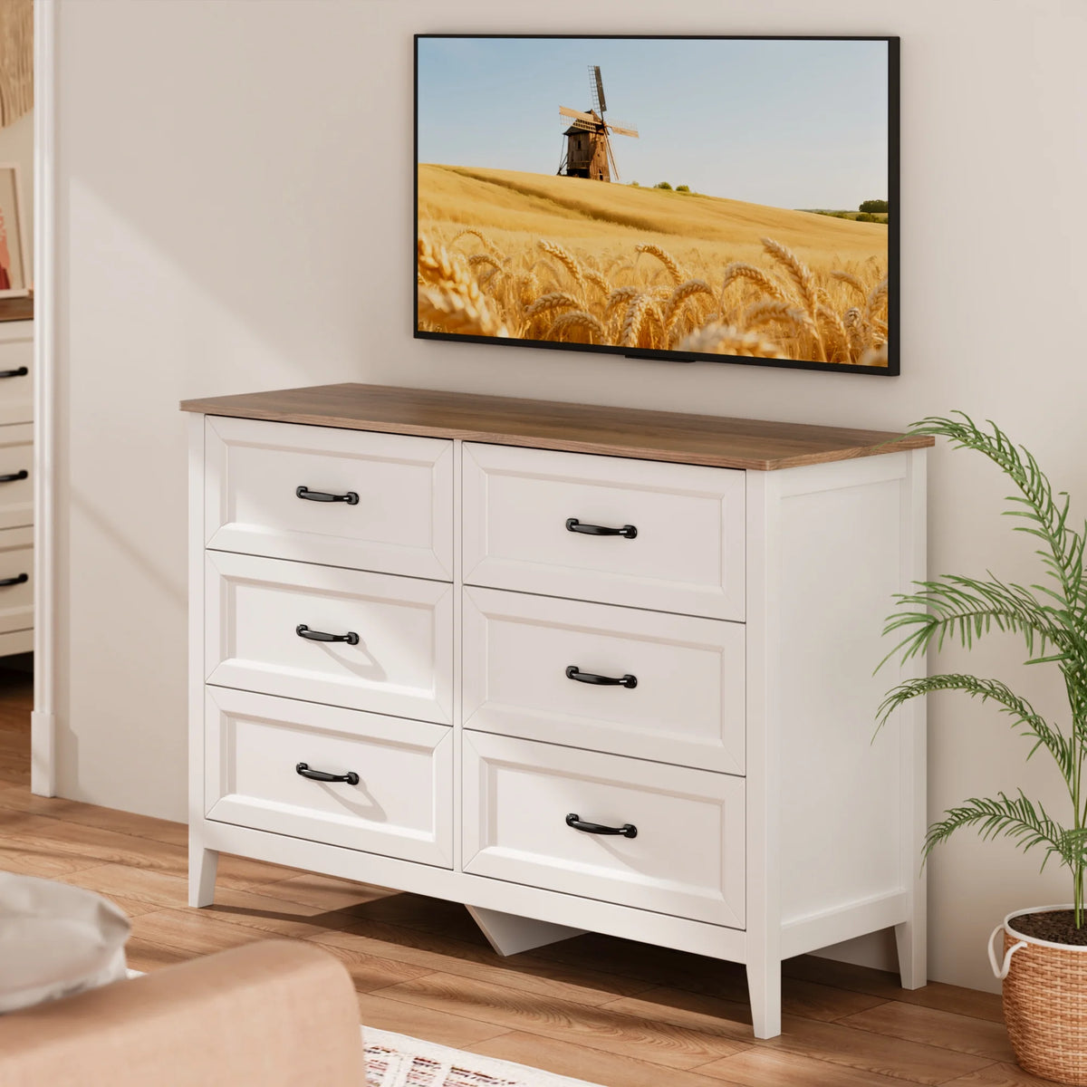 White Dresser, Lofka 6 Drawer Dresser for Bedroom, Chests of Drawers for Living Room, White Brown