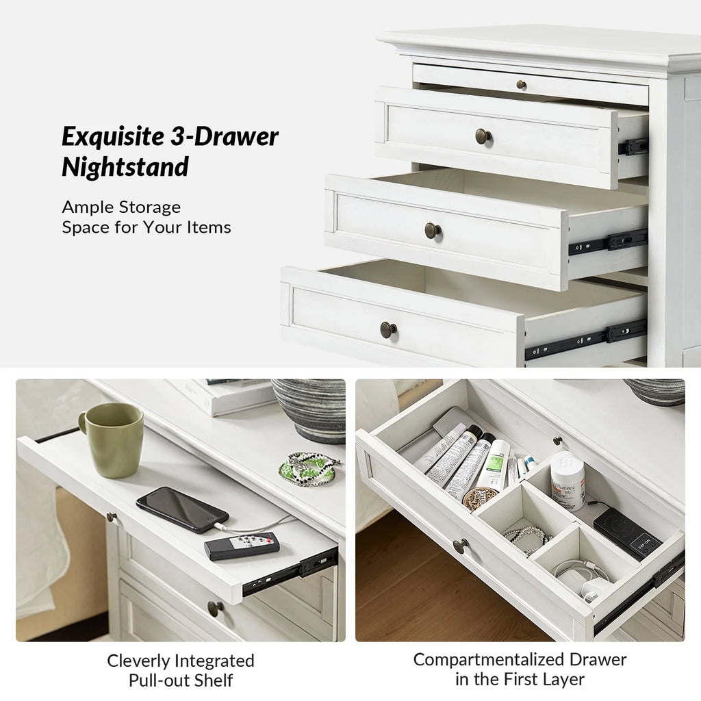 Farmhouse 3 Drawers Nightstand with Tray Bedside Table with Charging Station Acorn