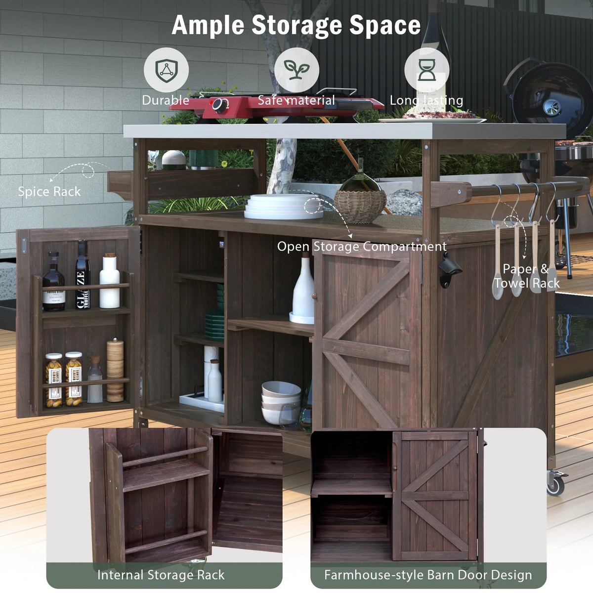 Outdoor Kitchen Island, Rolling Bar Cart & Storage Cabinet, Farmhouse Solid Wood Outdoor Grill Table with Stainless Steel Top, Spice Rack , Towel Rack for Kitchen & BBQ , Natural