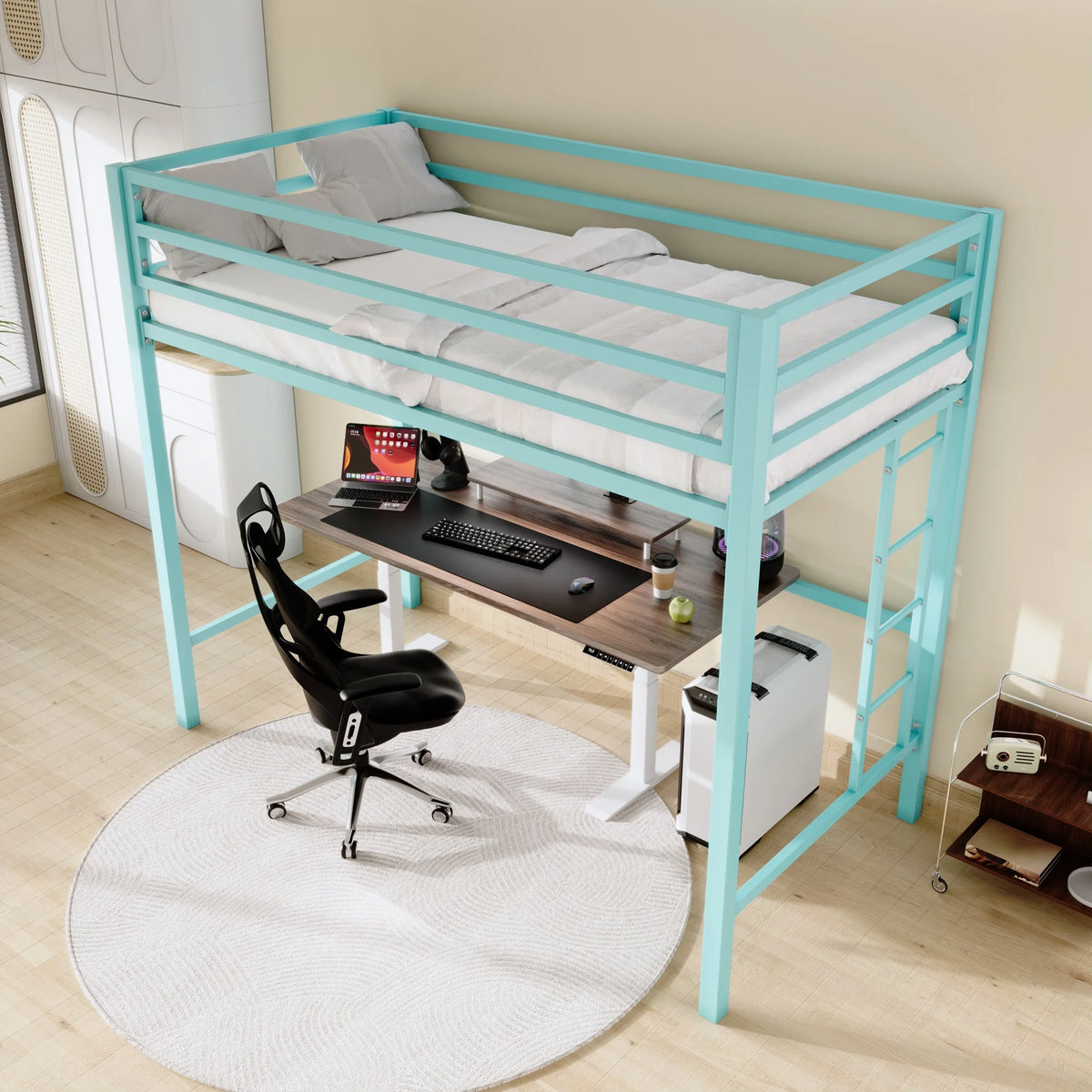 Sifurni Black Heavy Duty Twin Size Metal Loft Bed with Full-Length Guardrail & Removable Stairs