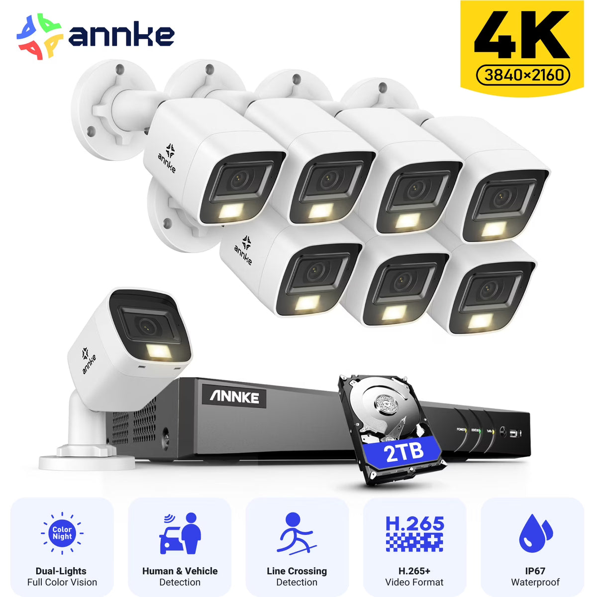 ANNKE 4K Security Camera System, 8CH 8MP AI DVR with Human & Vehicle Detection, 0TB HDD and 8x4K IP67 Bullet Home & Surveillance Cameras, Easy Remote View, Smart Dual Light