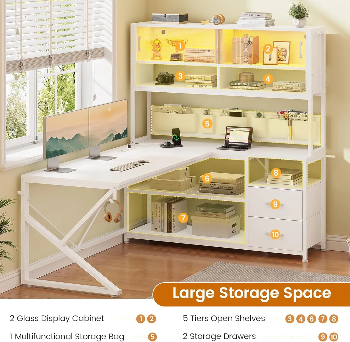 L Shaped Computer Desk with 2 Drawer and Bookshelf, L Shaped Gaming Desk with LED Light, Black