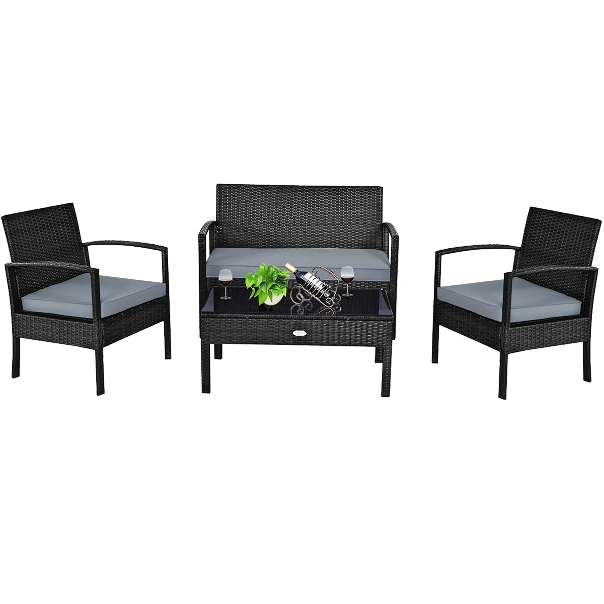 Costway 4PCS Patio Rattan Wicker Furniture Set Loveseat Sofa Cushioned Garden Yard Brown