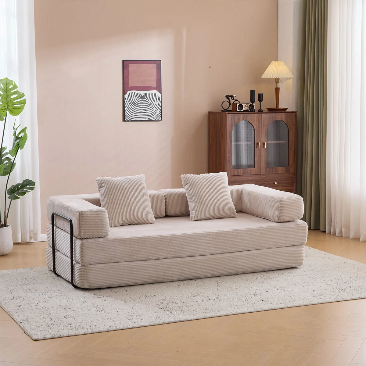 Taicans Convertible Floor Sofa Bed - 3 Seats Foldable Corduroy Futon Couch w/Pillow Support,Space-Saving Guest Bed for Living Room,Dorm,No Assembly Compressible Foam Mattress (Gray,76.7Inch L)
