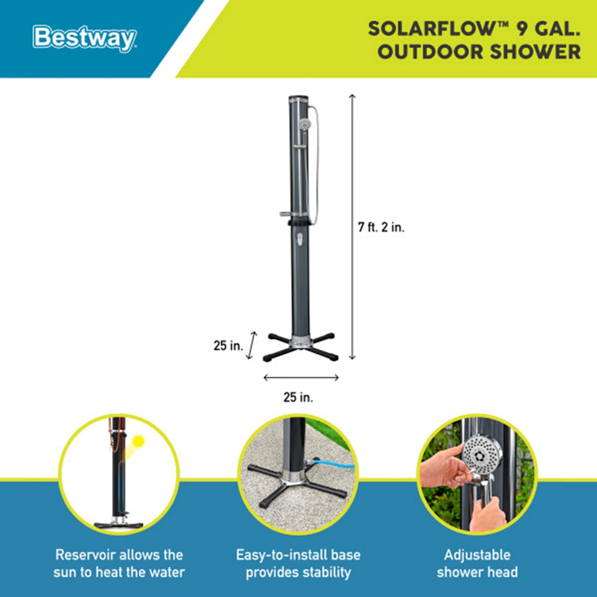 Bestway SolarFlow Outdoor Shower 2gal/8L: Oversized Shower Head and Stand, Easy Installation, & Adjustable Water Flow. Experience the ultimate convenience.