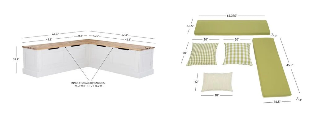 Linon Romero Backless Corner Nook with Storage, 5-Piece Cushion Set, Natural/White/Beige