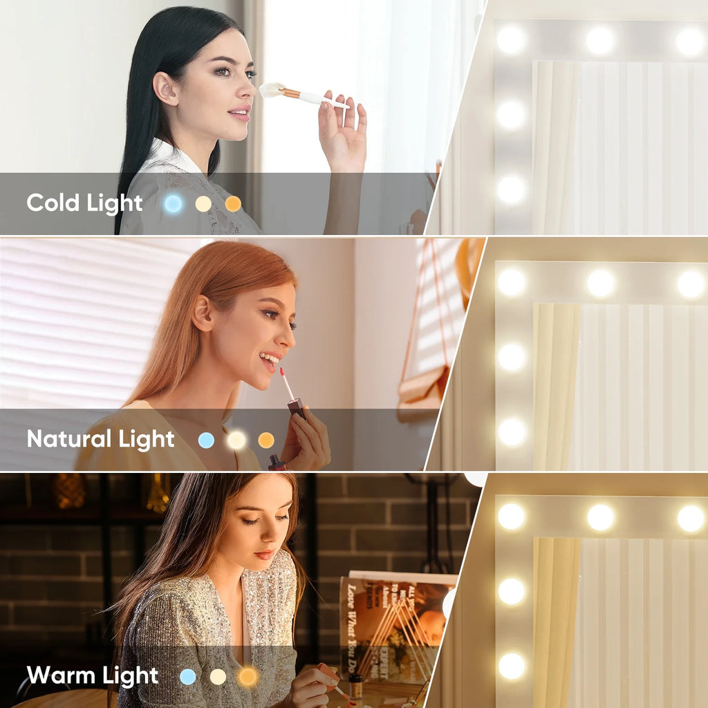 Cottinch Vanity Desk 3 Color Lighted Mirror,Makeup Dressing Table with 4 Drawers and Storage Shelves,2 Outlets,2 USB Ports,White