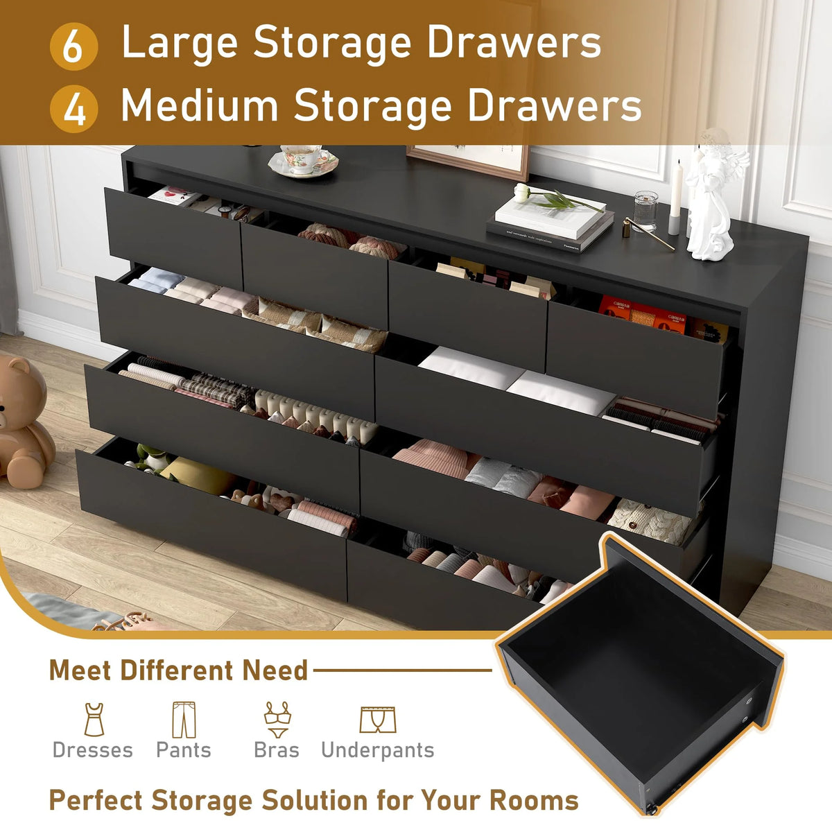 ChVans Black 9 Drawers Dresser with Charging Station, 63" Long Modern Dresser with 9 Drawers for Bedroom, Large Wood Chest of Drawers Handle Free, Dresser for Bedroom, Living Room, Hallway