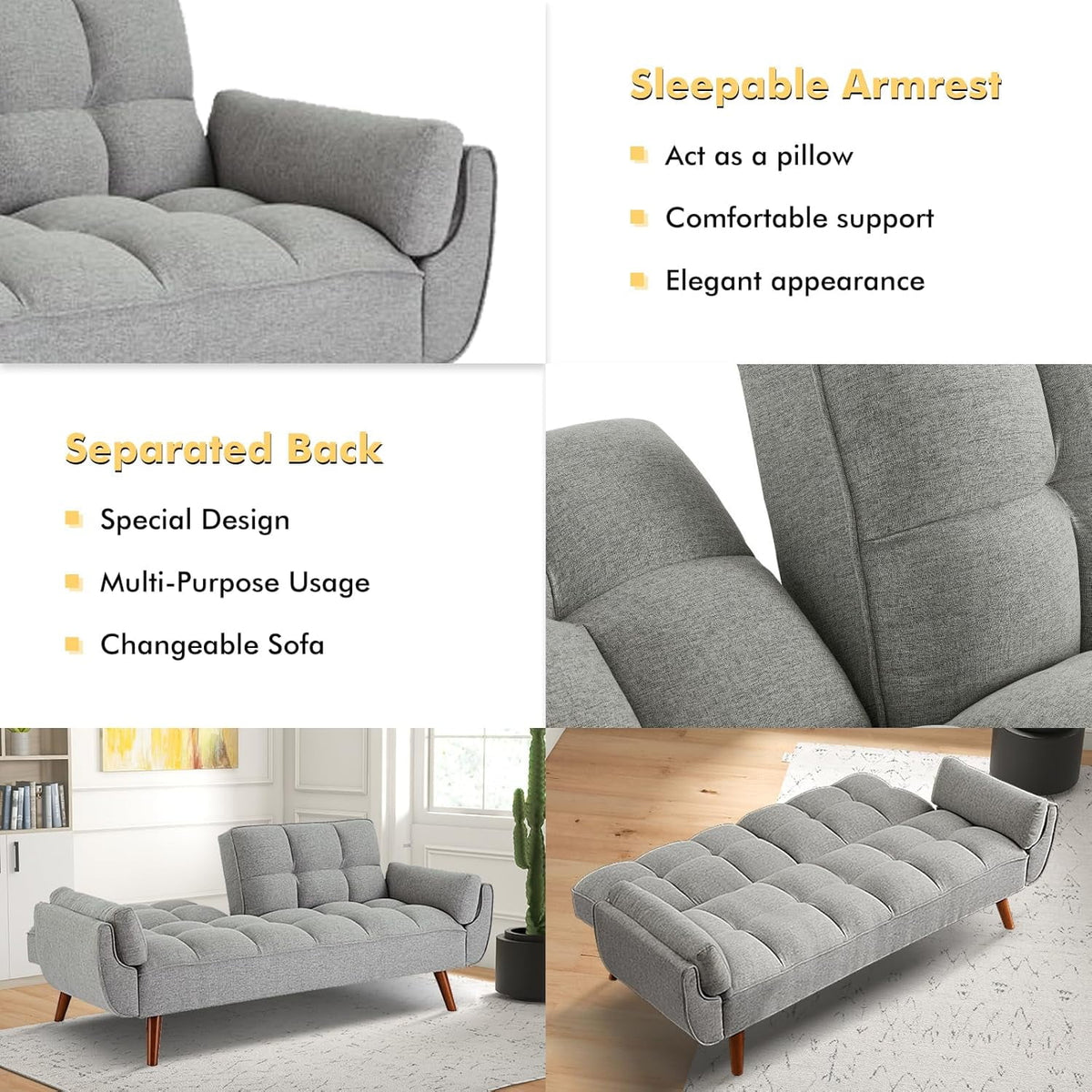 Mydepot Convertible Futon Sofa Bed, Adjustable Couch Sleeper Modern Fabric Recliner Reversible Loveseat Folding Daybed Guest Bed, Armrests, Yellow
