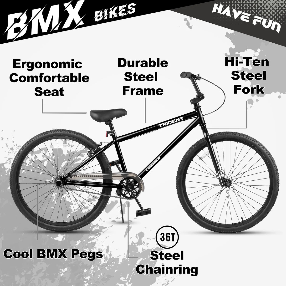 cubsala 24 Inch BMX Race Bike Trident Bicycles Beginner-Level to Advanced Riders with 2 Pegs Trick Cycling and Professional Riding, Black