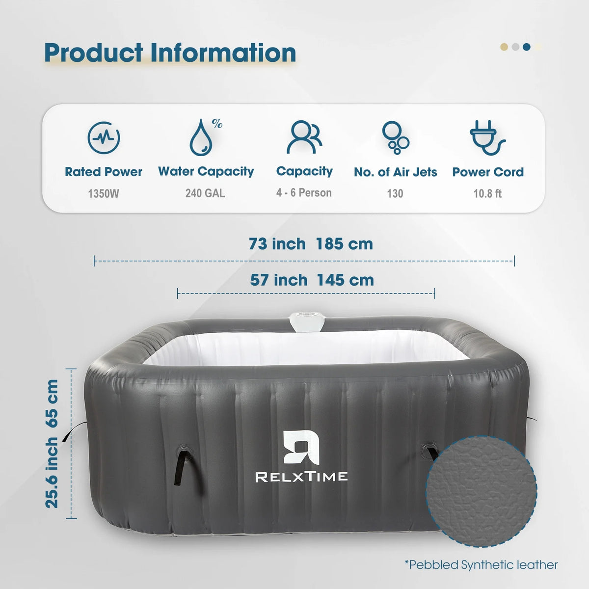 RELXTIME 73*73 inch Portable Square Inflatable Massage Pool for 4-6 People Outdoor Spa with 130 Bubbling Massage Jets, Built-in Heating Pump with Two Cartridges, Gray