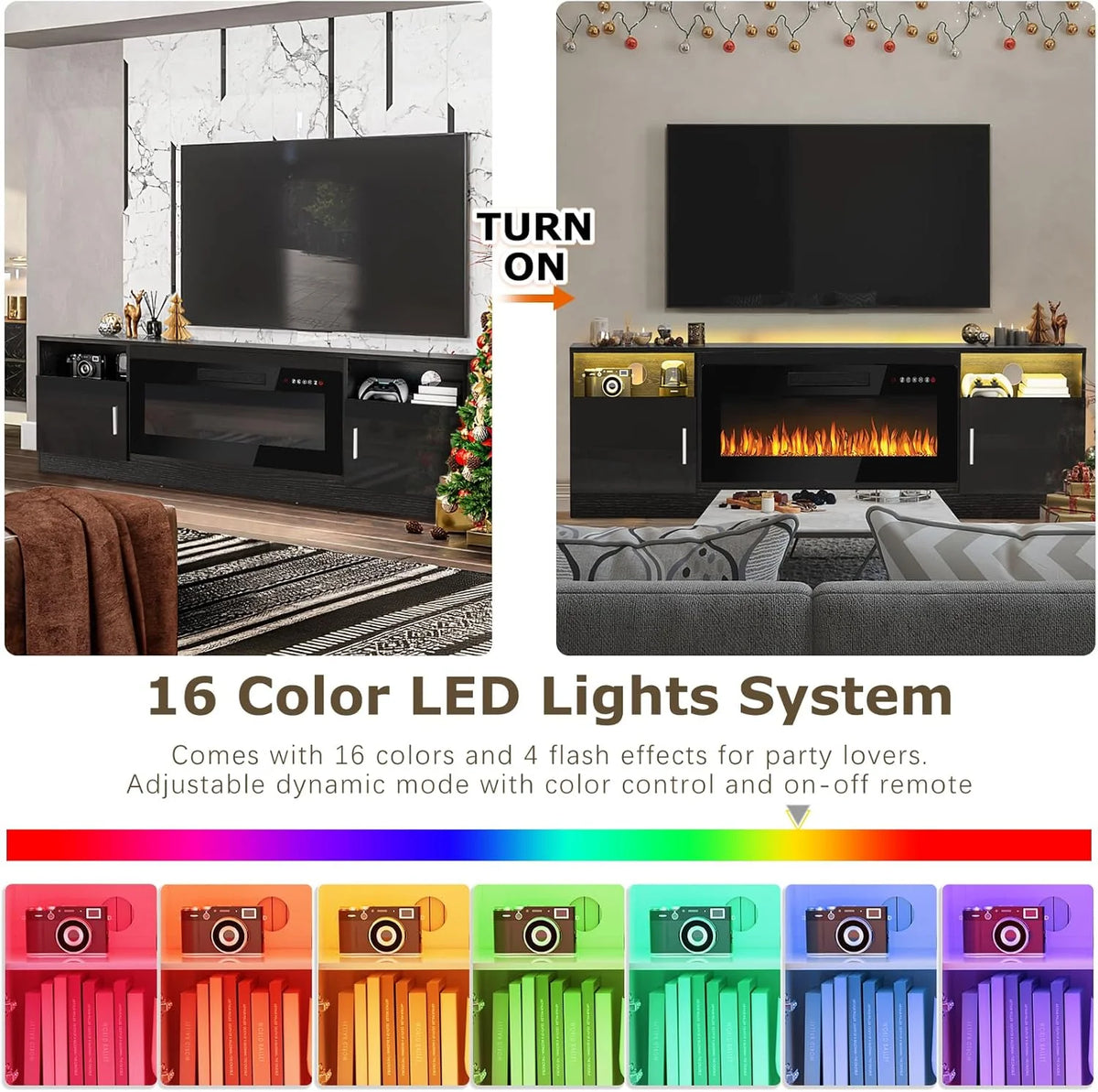 Waleaf Fireplace tv Stand with 36 inch Fireplace Up to 80" TVs,LED Light Entertainment Center and Storage