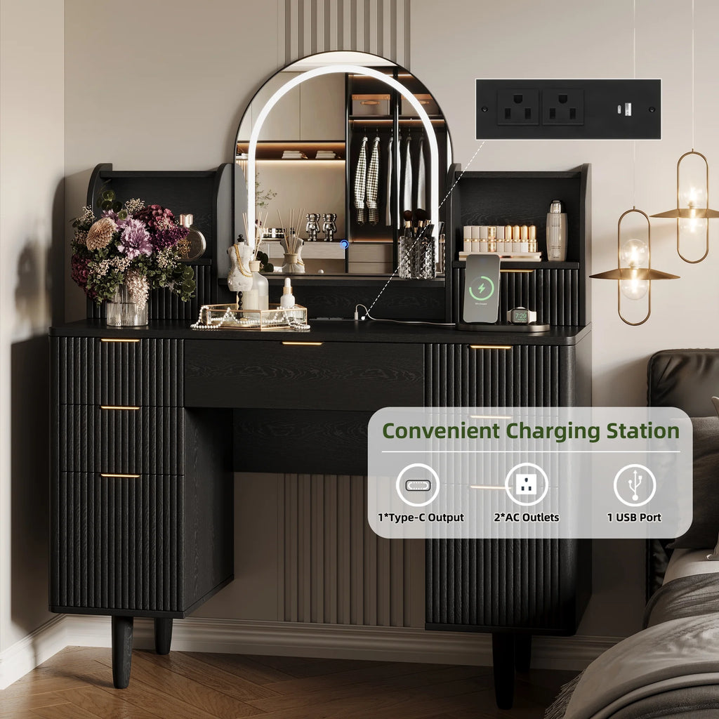 UGTOO 45.2" Modern Vanity Desk with LED Mirror & USB Charging, Wood Makeup Dressing Table with 7 Drawers for Bedroom