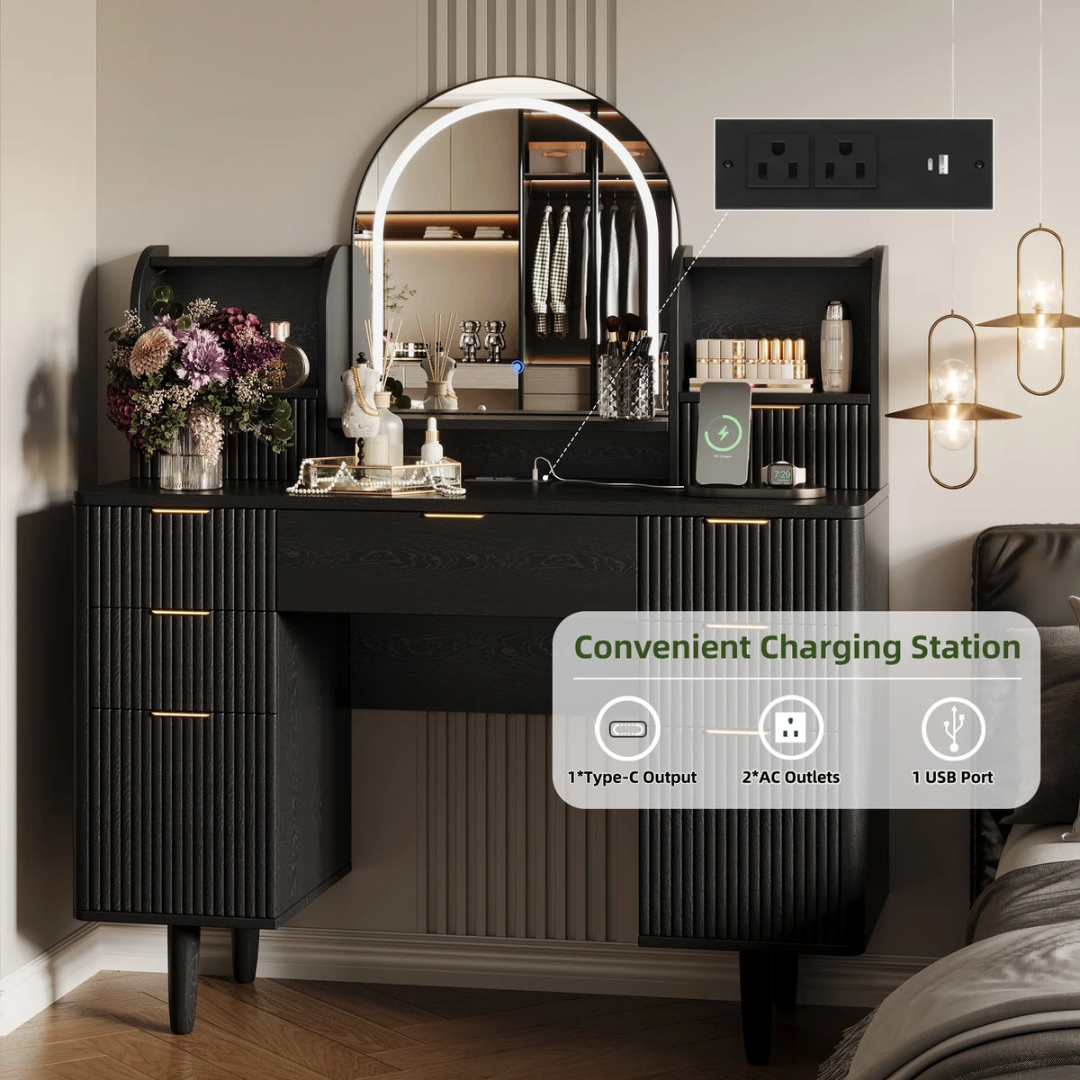 UGTOO 45.2" Modern Vanity Desk with LED Mirror & USB Charging, Wood Makeup Dressing Table with 7 Drawers for Bedroom