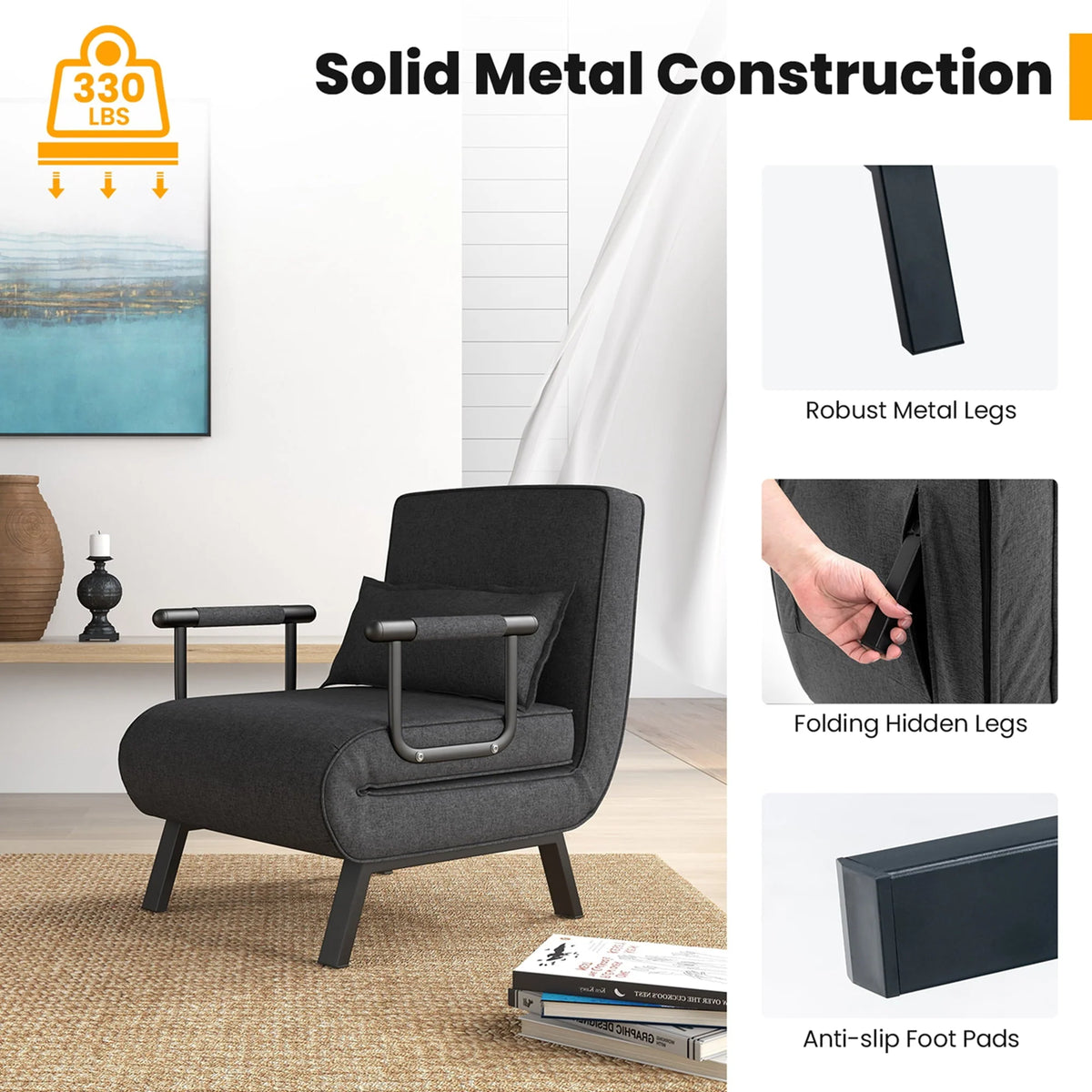 Costway Folding 6 Position Convertible Sleeper Bed Armchair Lounge Couch w/ Pillow Gray