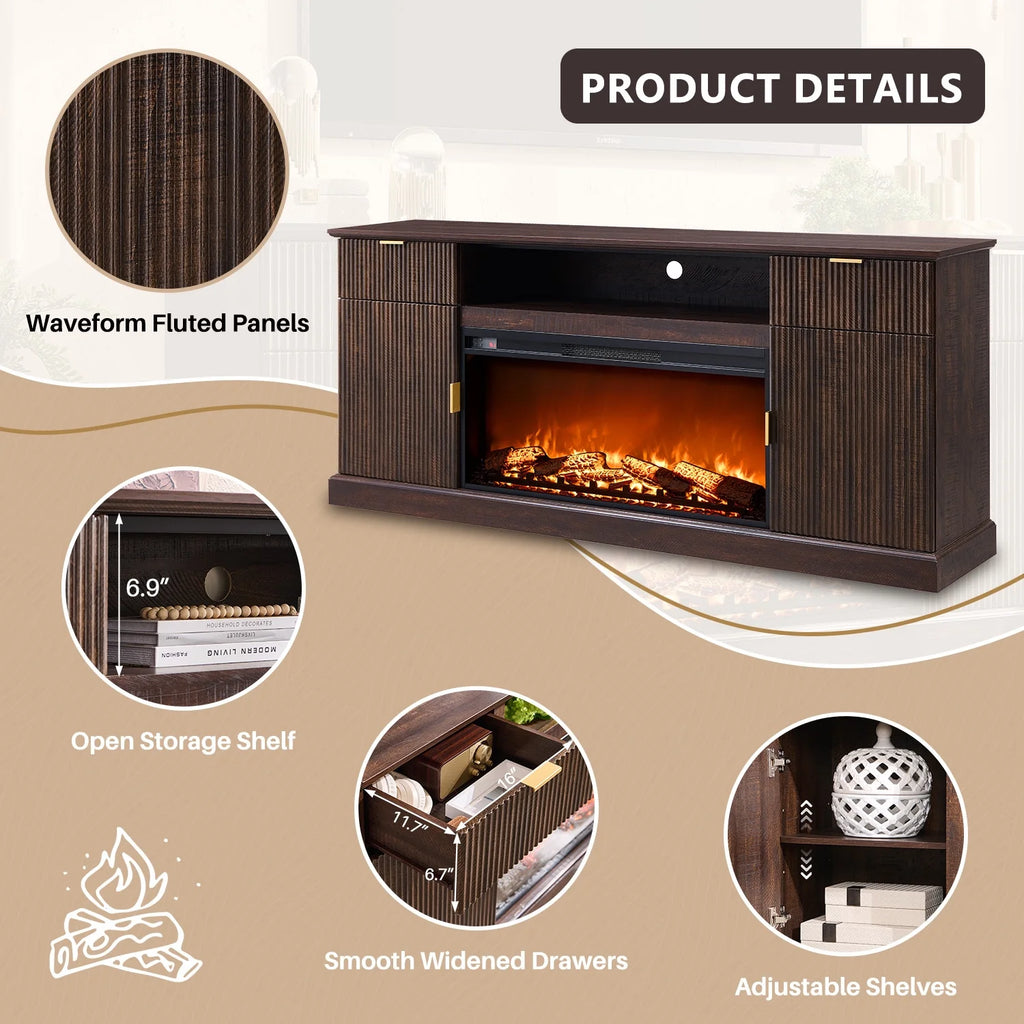 SinCiDo Fluted Fireplace TV Stand for 80 inch, Entertainment Center with 36" Electric Fireplace, 2 Drawers and Adjustable Shelves, Wood TV Stand for Living Room