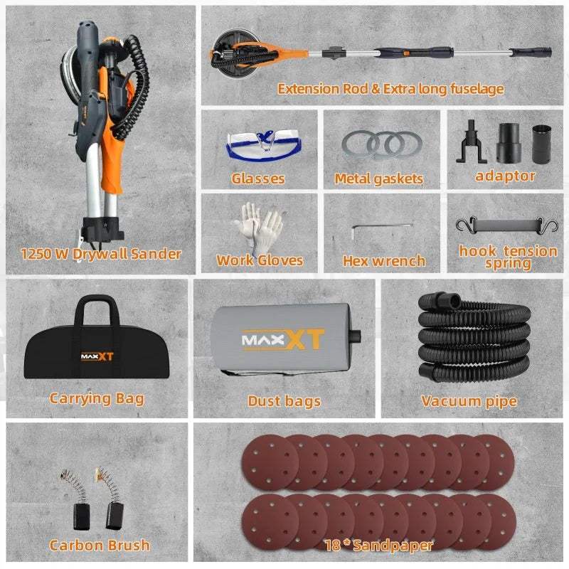 Drywall Sander with Vacuum Dust Collection, 6 Variable Speed Foldable Telescopic Electric Wall Sander, Popcorn Ceiling Removal Tool, 1900RPM Power Sander Tool, LED Light, 18Pcs Sanding Discs