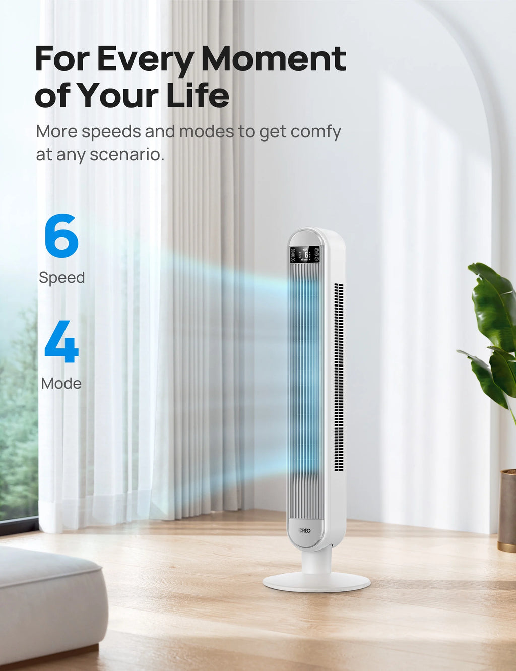 Dreo Tower Fan for Home, 42" Standing Fan with Remote, 90 Oscillating Fan for Indoors, 34dB Quiet Bedroom Fans, 6 Speeds, 4 Modes, 12H Timer, Bladeless Fan with LED Display, 26 ft/s High Velocity
