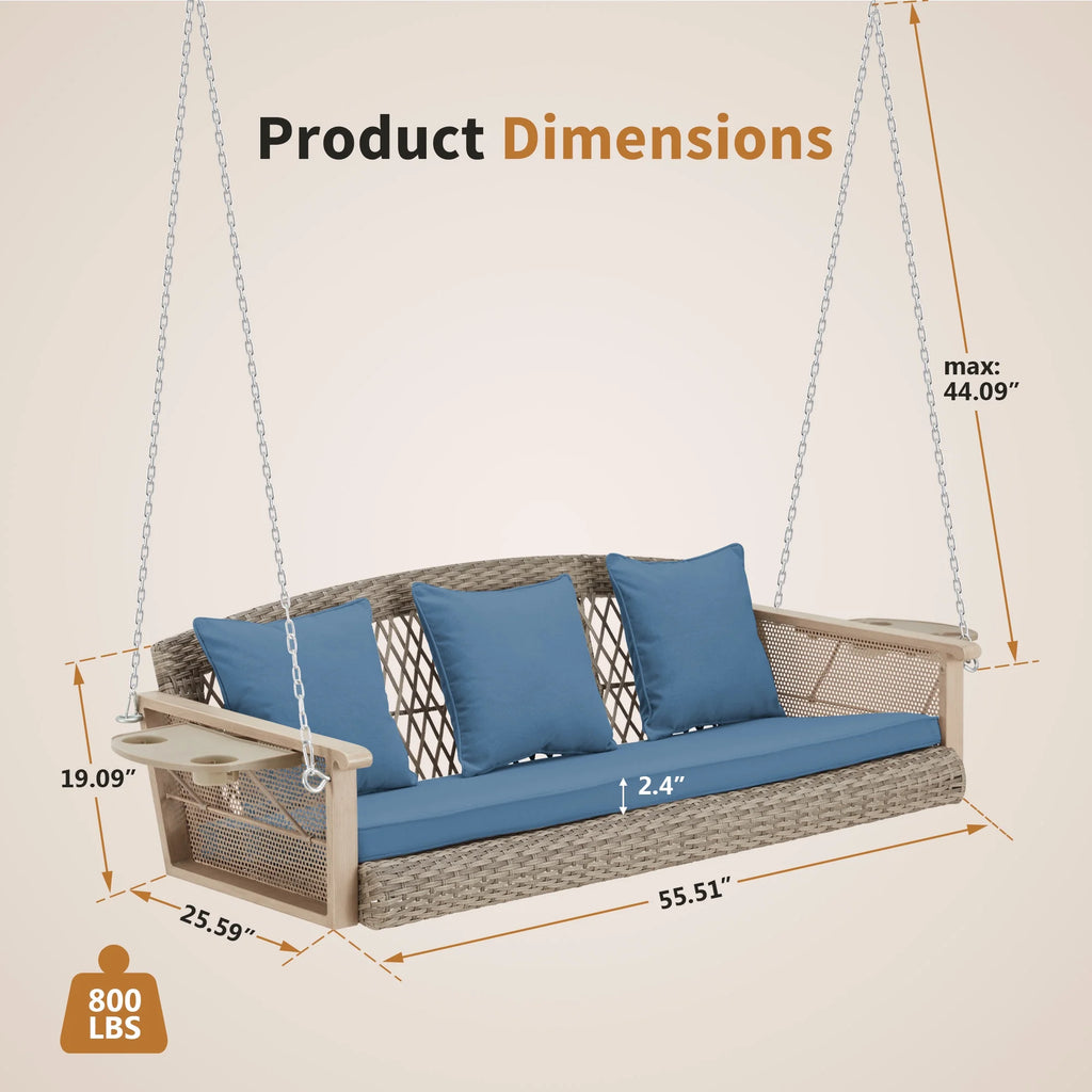 Homrest 3-Person Porch Swing 55in Wicker Hanging Swing Bench with Cushions and Cupholders for Deck, Garden and Backyard, Beige