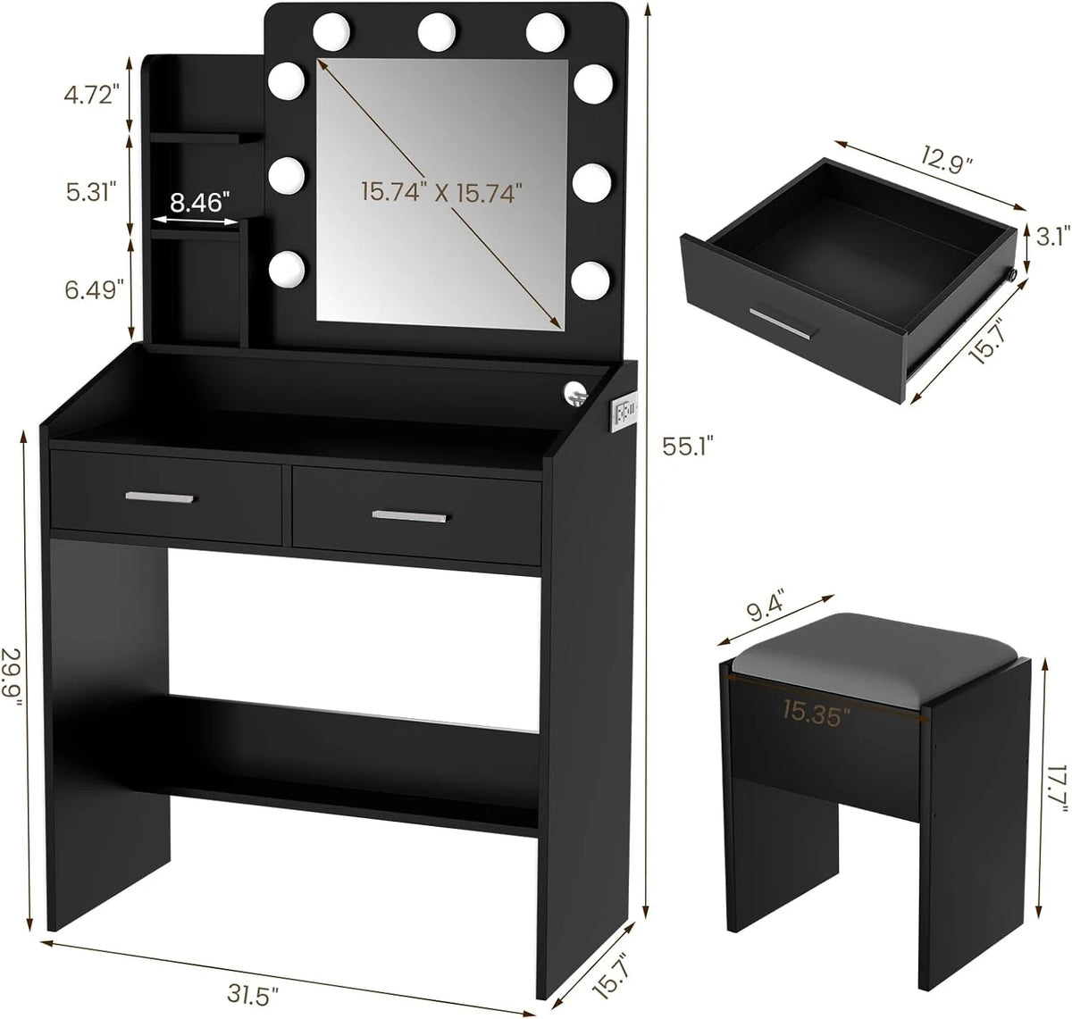 OYang Makeup Vanity with Lights, Vanity Desk with Mirror and Lights Set, Large Drawer and Two-Tier Lots Storage Cabinet, 3 Lighting Modes Adjustable Brightness