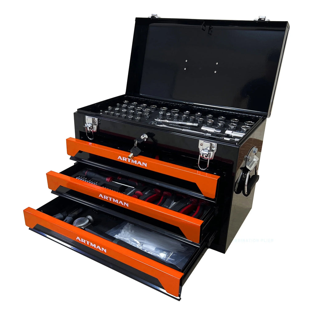 NIGSQJB Tool Set 439pcs with 3 Drawers Tool Box Organizer, Mechanic Tool Set for Home, Tool Box Set 4-Tier Socket Wrench Ratchet Plier Nails, Home Tool Set Mechanics Kit for Adults Man Handyman, Red