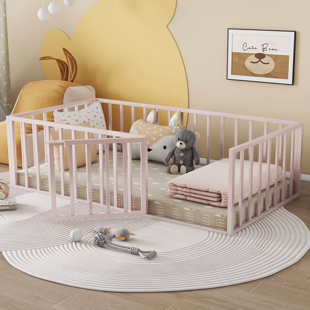 Bellemave Full Size Bed Frame, Full Montessori Bed with Safety Guardrails and Detachable Fence, Wood Full Daybed Frame, Low Profile & Rounded Corners Design, Natural