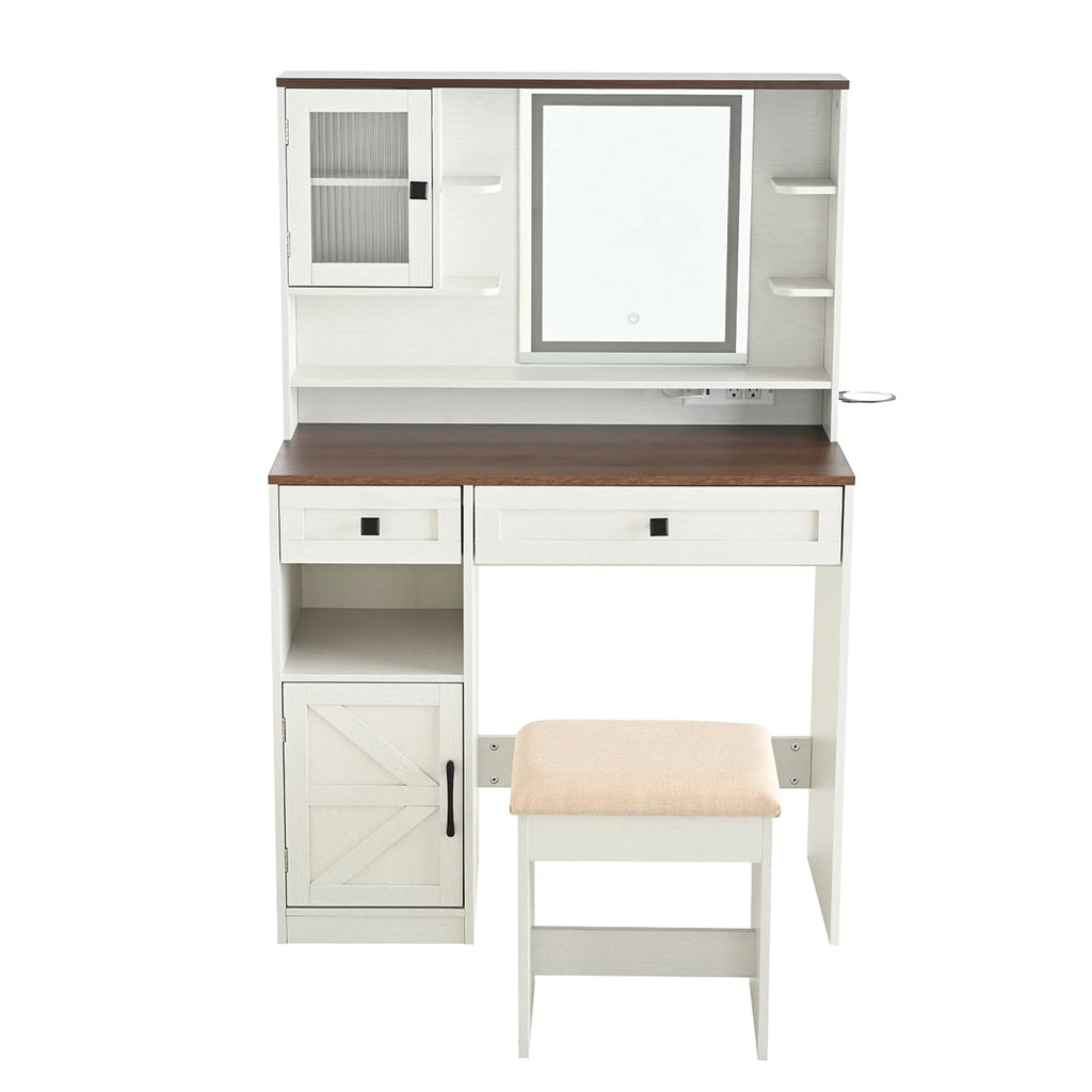 Farmhouse Makeup Vanity Desk with Mirror and Lights,Dressing Table Set with Charging Station and Stool,Drawers,Shelves and Side Cabinet,White