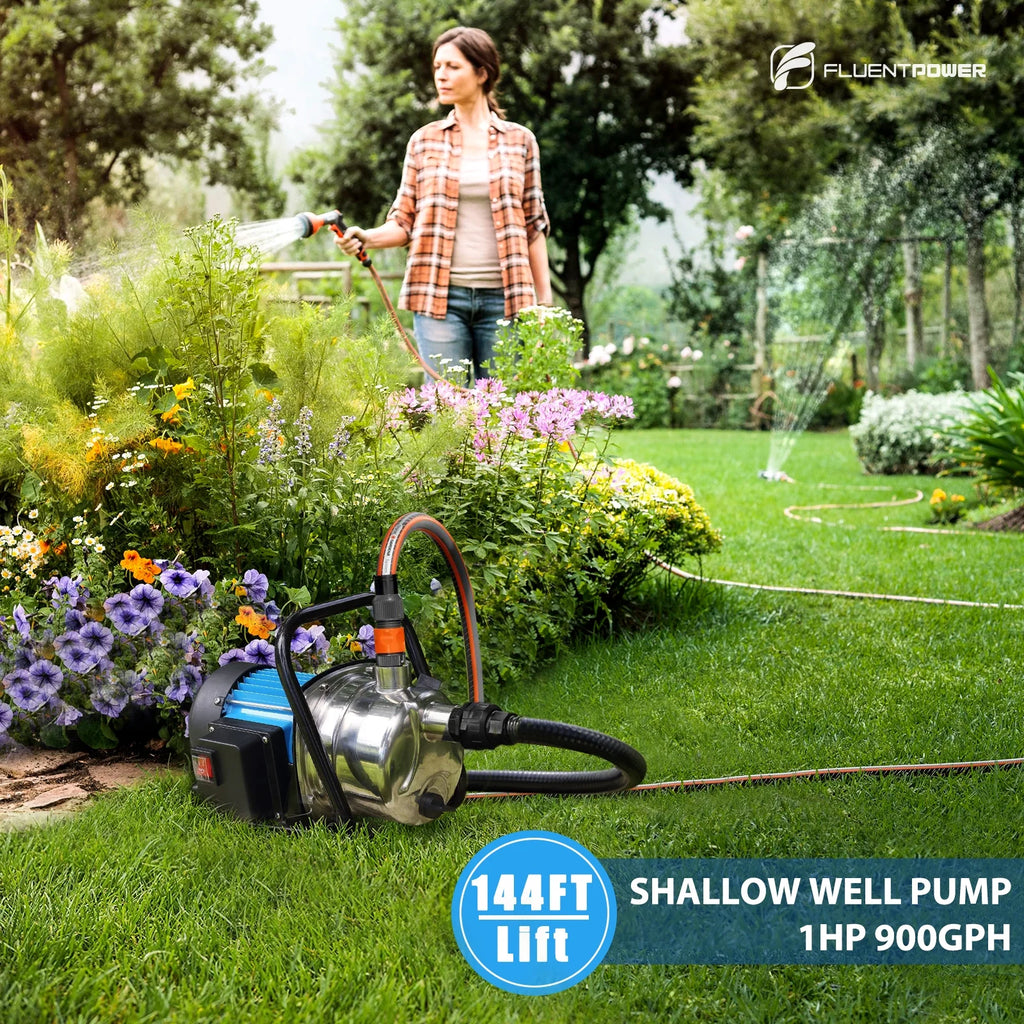 FLUENTPOWER 1HP Portable Stainless Steel Sprinkler Booster Pump, Electric Shallow Well Pressure Pump for Home Garden Lawn Irrigation and Water Transfer, with 1" NPT Female Thread