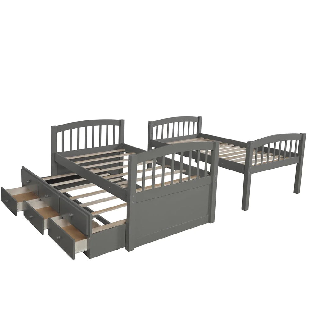 Twin-Over-Twin Bunk Bed with 3 Storage Drawers, Twin Bunk Bed Frame with Ladder & Safety Rail, Pinewood Trundle Bunk Bed for Teen Bedroom, Guest Room Furniture, Can be Convertible to 2 Beds, Gray