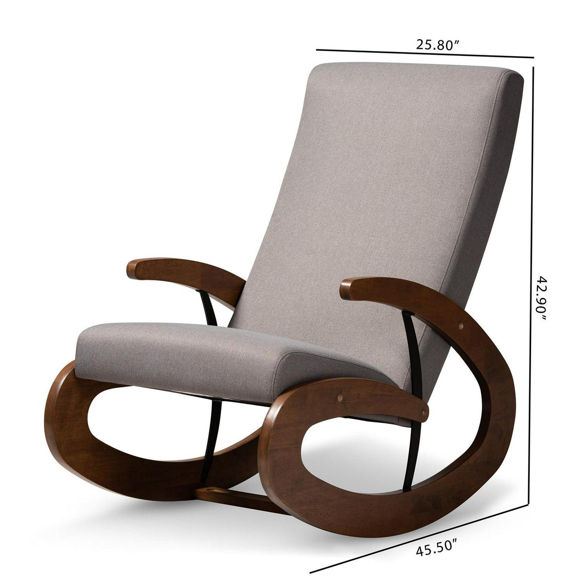 Baxton Studio Kaira Upholstered and Walnut-Finished Wood Rocking Chair. Gray Fabric