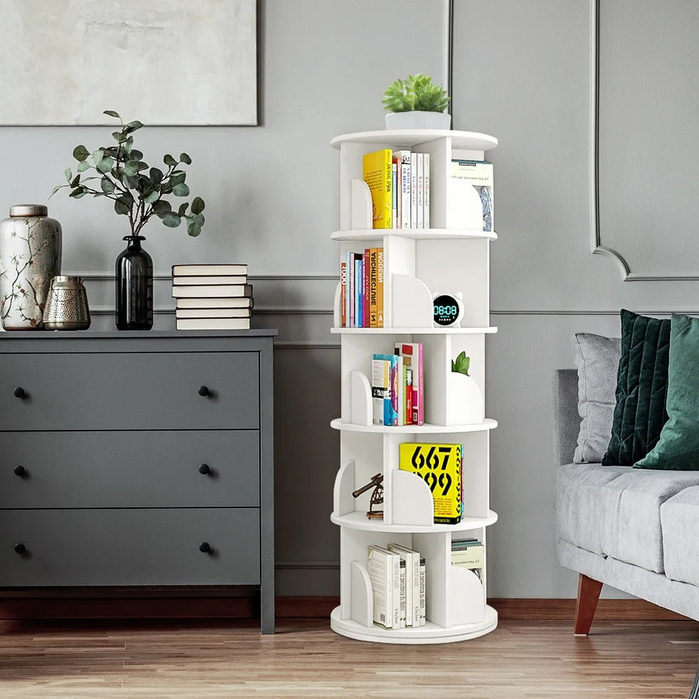 Bimiti 5 Tier Rotating Bookshelf, 360 Revolving Bookcase 20 Shelves Floor-Standing Storage Display Rack - White 63"x18"x18", Adult