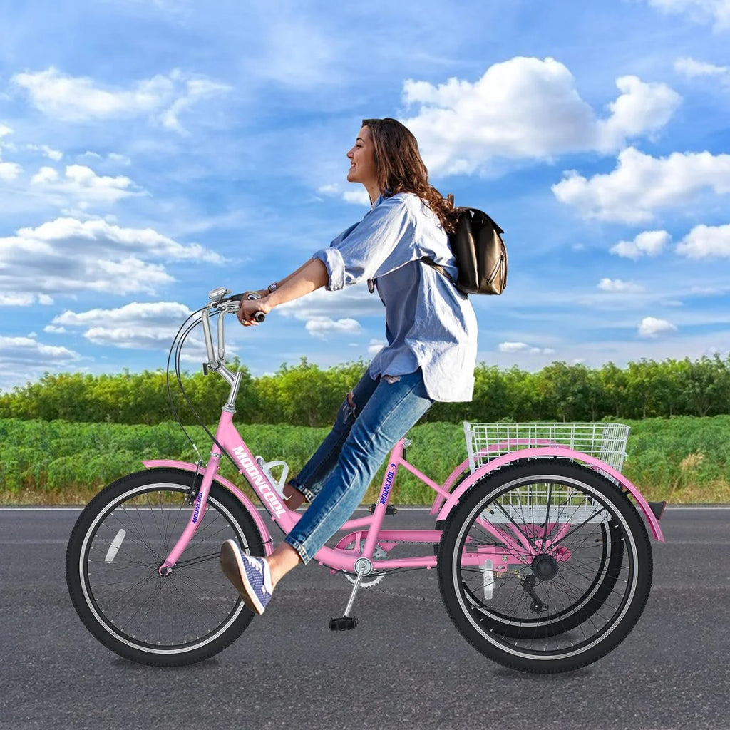 FICISOG 7 Speed Adult Tricycle for Women, 20/24/26 Inch Adult Trike with Basket, 3 Wheel Bikes for Adults Seniors, Cruise Trike for Shopping Picnic