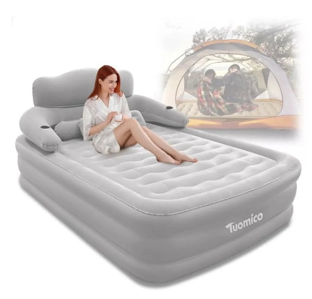 OUYI Inflatable Bed Double Leak-proof mattress with Electric Pump & Pillows Removable Backrest Multifunctional Foldable Air Sofa Guest Bed, 600lb Max(White, Queen Size)