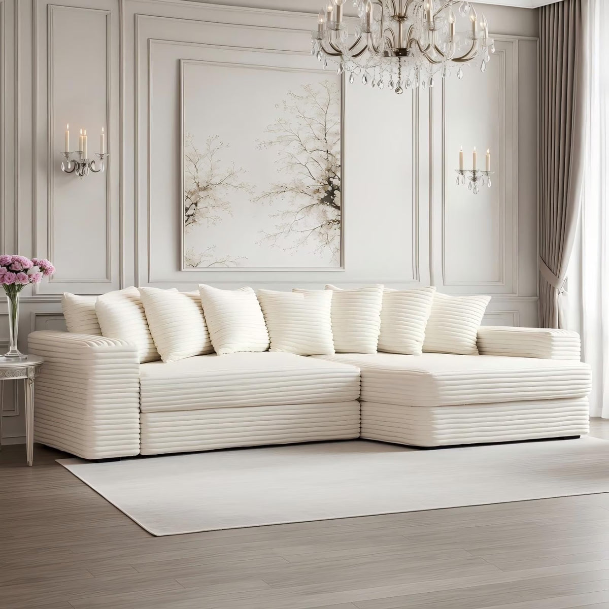 Advwin 110" Oversized L Shaped Sofa with Chaise, Comfy Plush 2-Piece L-Shaped Sectional Couches with 8 Pillows, Soft Fluffy Upholstered Sofa Bed for Living Room Apartment Bedroom, Light Gray