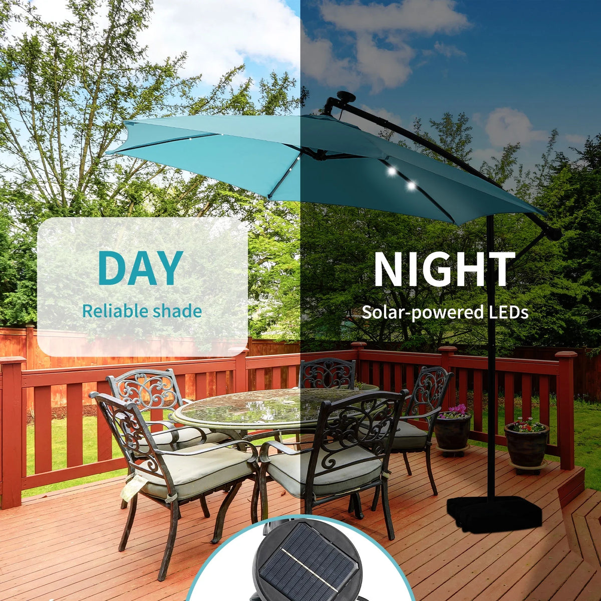 Ainfox 10ft Cantilever Patio Umbrella with Lights, Offset Market Umbrella with Sandbags Weighted Base and Cross Base,Khaki