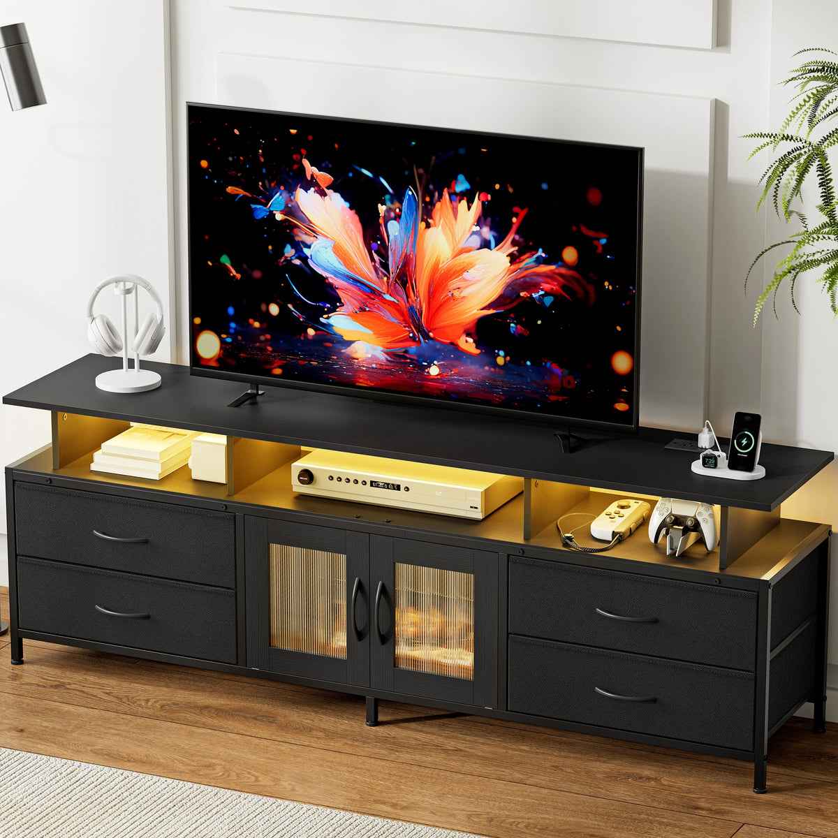 GUNAITO TV Stand for TV up to 70", Big TV Stand for Living Room Entertainment Center with LED Lights and 4 Fabric Drawers , Black
