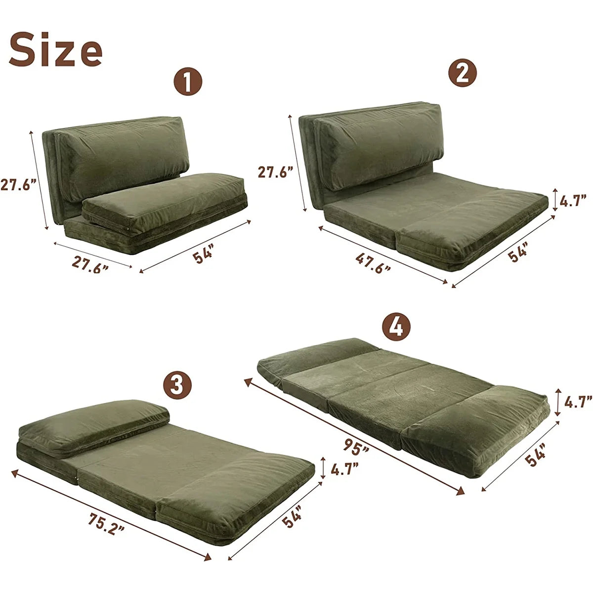 Folding Sofa Bed,Extra Thick and Long Fluffy 4 Position Convertible Flip Lounge Chair,Foam Filling Folding Matress Sofa Bean Bag with Washable Cover,Grey,39x95 Inch