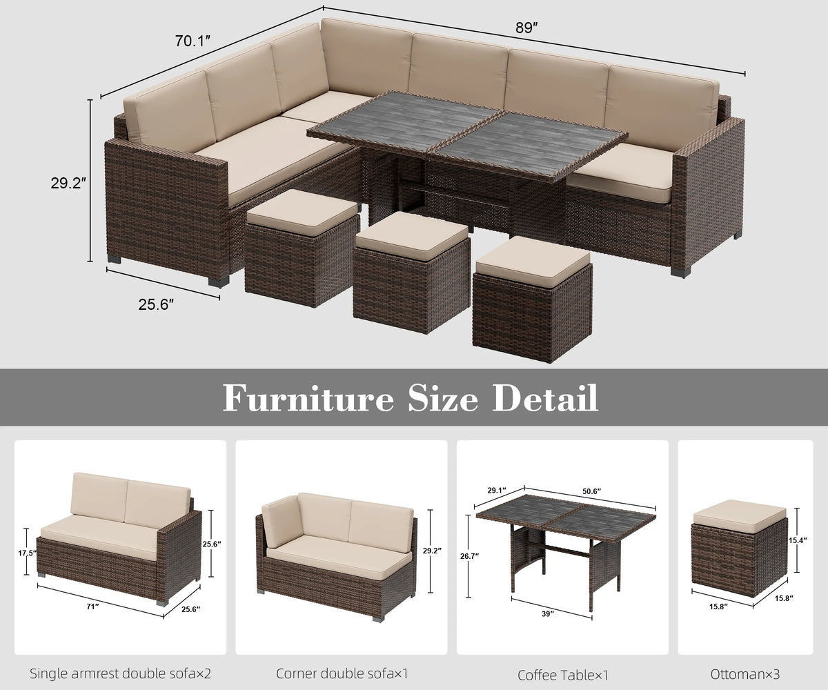 Bifanuo 7 Piece Patio Furniture Set, Outdoor Furniture Patio Sectional Sofa, All Weather PE Rattan Outdoor Sectional with Beige Cushions and Table, Black Wicker