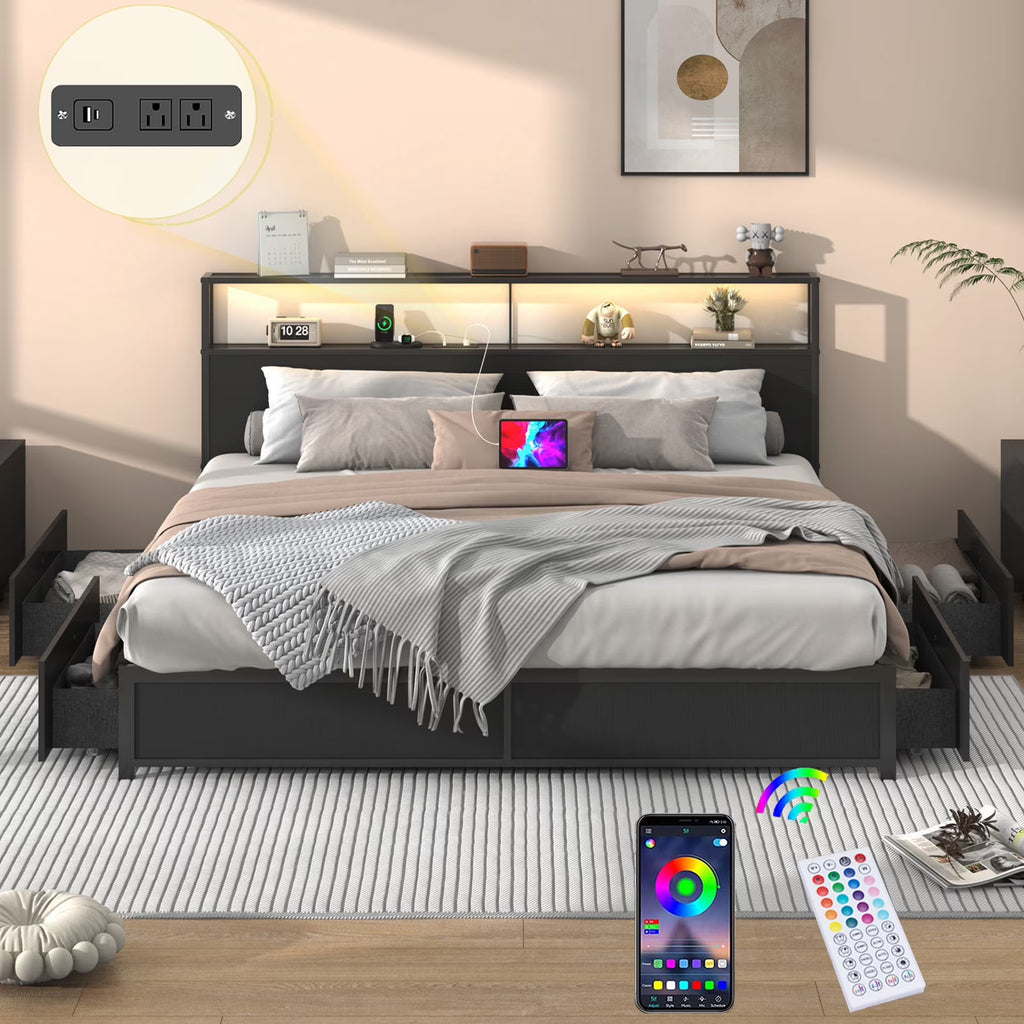 LED Full Bed Frame with Storage Headboard & 4 Drawers, Industrial Metal Platform Bed with Power Charging Station & USB Ports