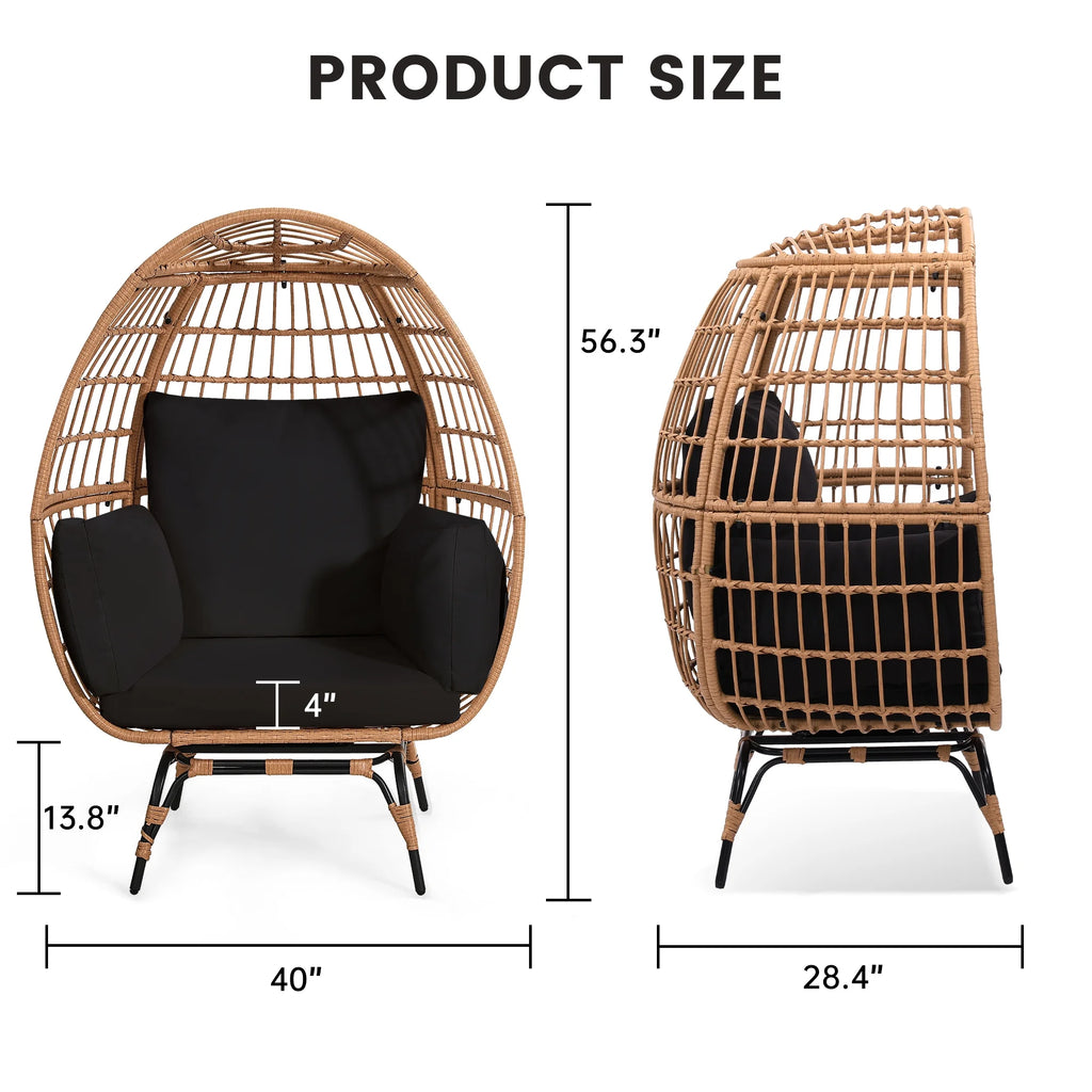 Skandiquip Oversized Rattan Adult Egg Chair, 360 Swivel, Outdoor Patio Chair with overstuffed Cushions, Indoor Large Wicker Egg Chair, Natural Rattan, Beige Cushion