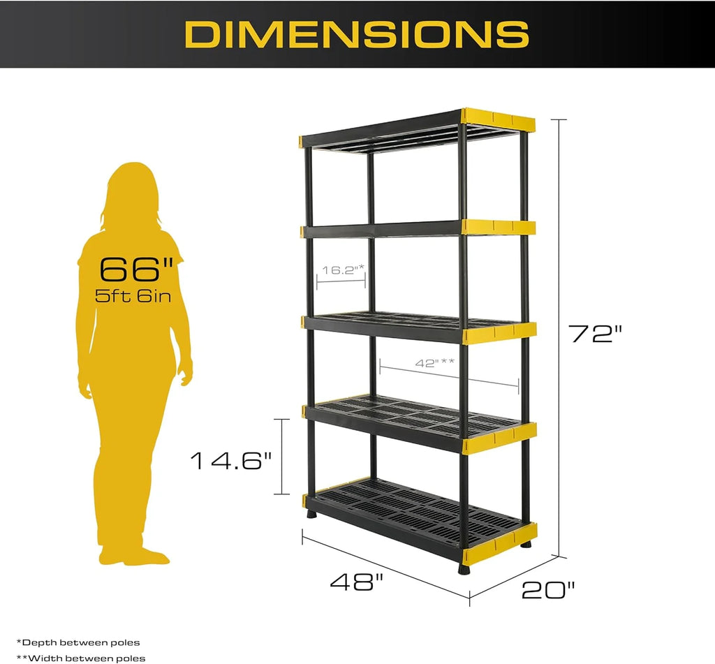 Black & Yellow, 5-Tier Heavy Duty Plastic Storage Shelving Unit, 200lbs/shelf (72 H x 48 W x 20 D), for Indoor/Outdoor Organization, Modular Rack