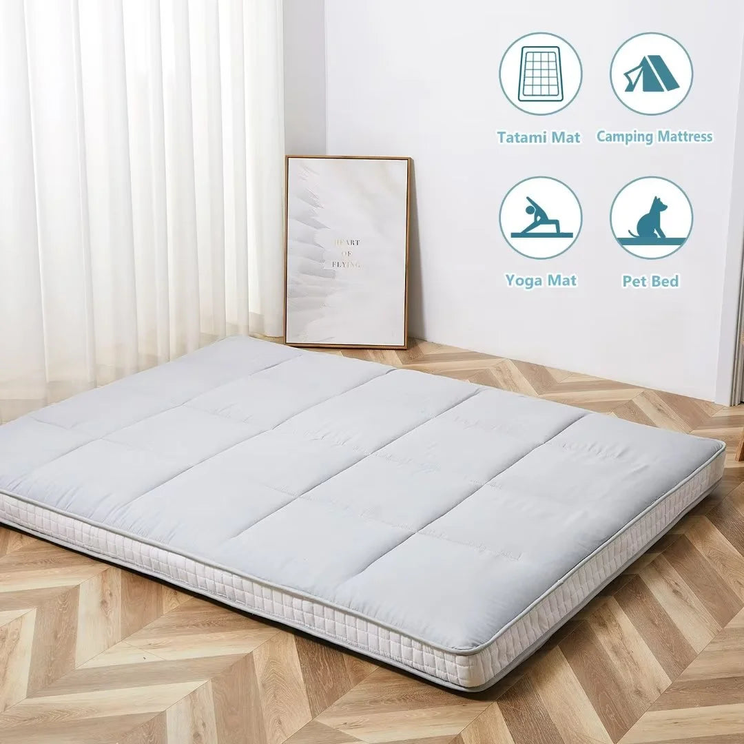 NAIZEA Japanese Floor Mattress, Extra Thick Memory Foam Futon Mattress, Foldable Roll Up Sleeping Pad with Bandage and Storage Bag, Queen, Gray