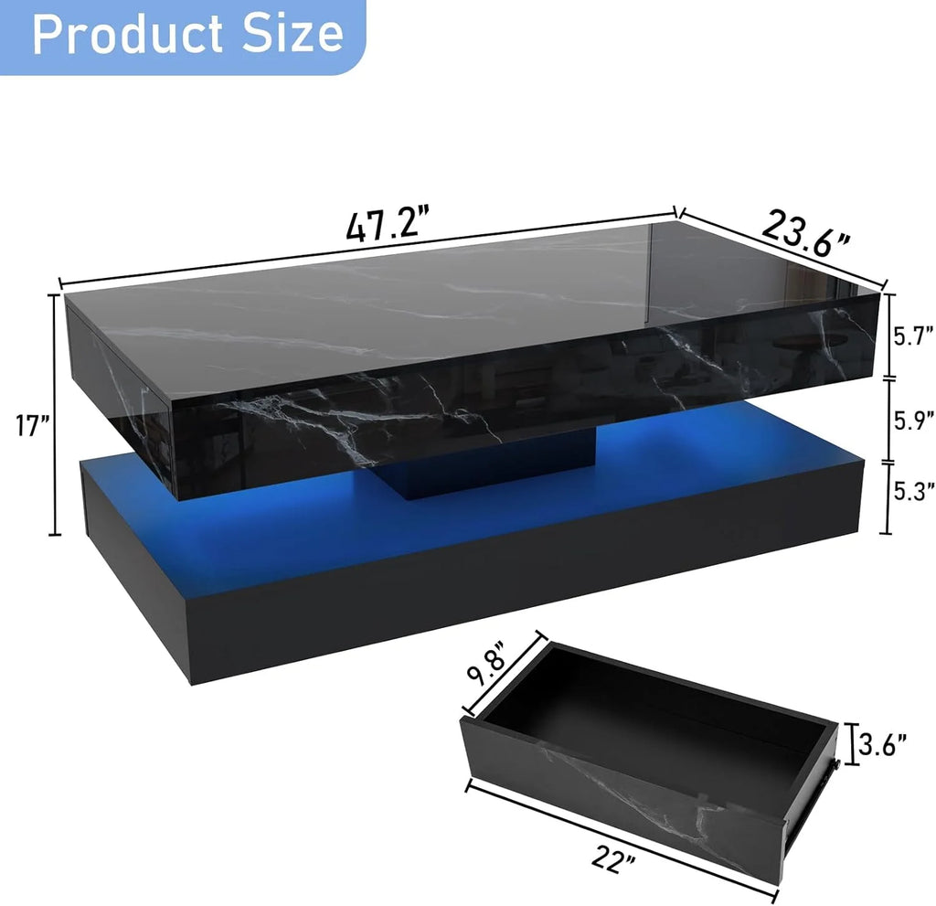 ChVans Large Black LED Coffee Table with 2 Storage Drawers, Modern High Gloss Coffee Table w/20 Colors LED Lights/APP Control, 2 Tiers Rectangle Large Living Room Furniture w/Marbling Print(47.3")