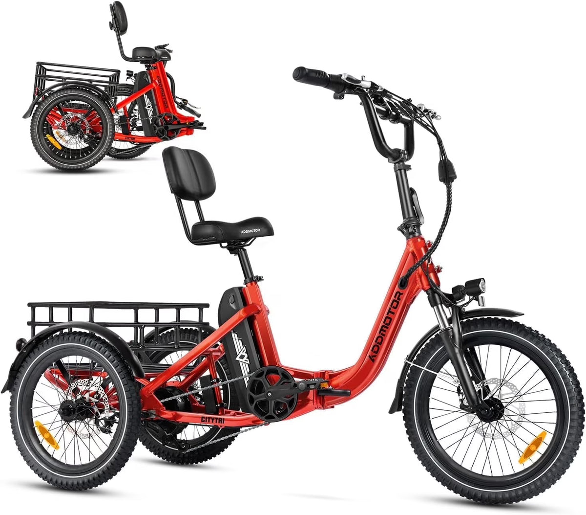 Addmotor Folding Electric Trike, 90MI Electric Tricycle for Adults, 750W 48V 20Ah, CITYTRI 3 Wheel Electric Bikes, Step-Thru Etrike with Rear Speed Differential & Parking Brake, E-310 Plus Red